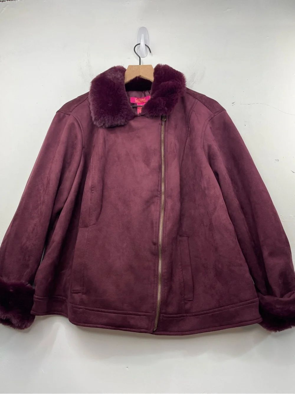 Catherine Malandrino  Women's Faux-Shearling Coat in Deep Burgundy Front Zipper